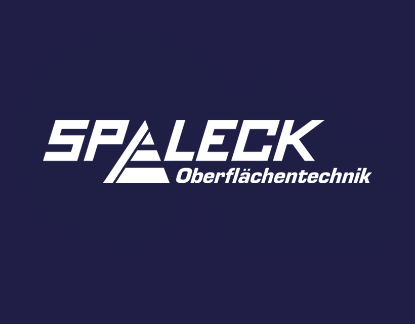 Typografisches Logo Spaleck Oberflächentechnik Hausmesse, Weiß auf Blau